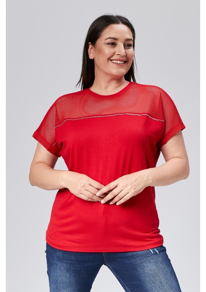 Kadın Büyük Beden File Detaylı Kırmızı Bluz