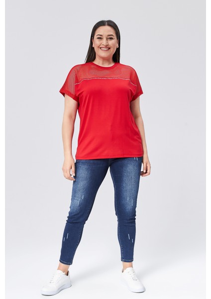 Kadın Büyük Beden File Detaylı Kırmızı Bluz fiyatları