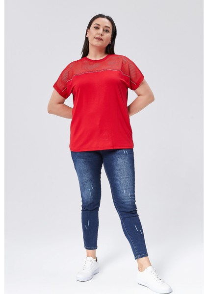 Kadın Büyük Beden File Detaylı Kırmızı Bluz modelleri