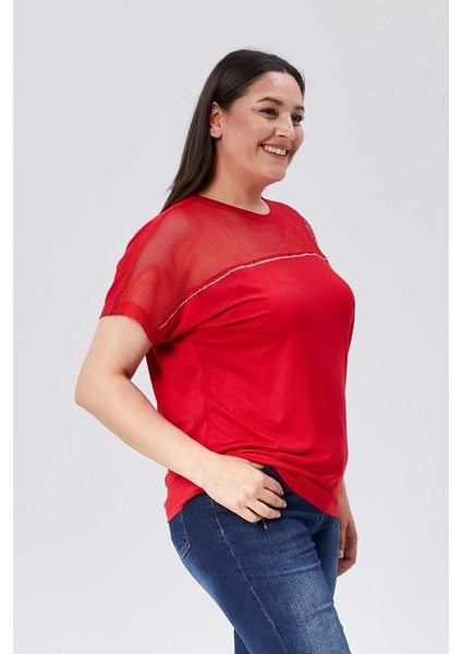 Kadın Büyük Beden File Detaylı Kırmızı Bluz fırsatları