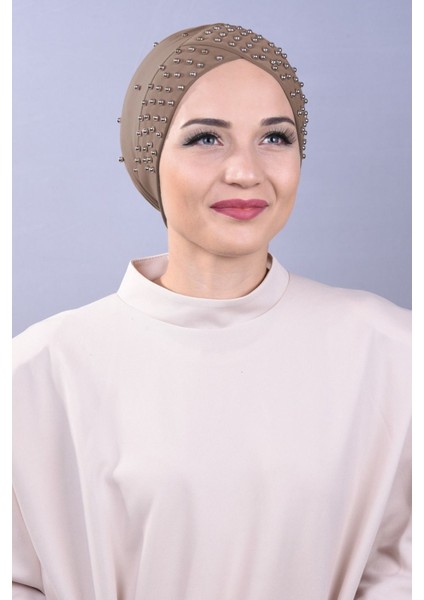 Kadın Tesettür Incili Taşlı Havuz Dış Bone Vizon