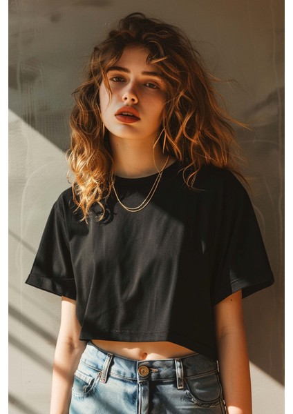 Oversize Kadın Crop T-Shirt Siyah