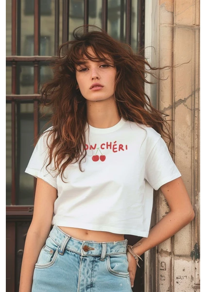 Mon Cheri Oversize Kadın Crop T-Shirt Beyaz