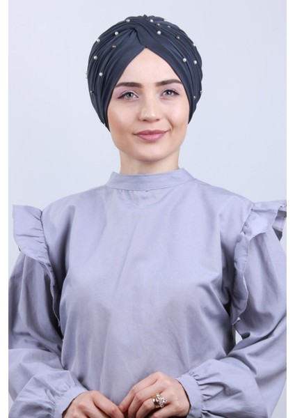 Kadın Tesettür Incili Taşlı Vera Dış Bone Koyu Gri modelleri