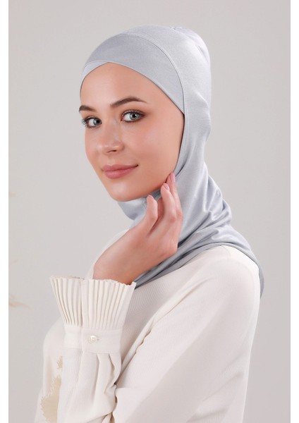 Tesettür Hijab Çapraz Deniz Havuz Spor Boyunluklu Penye Bone Açık Gri