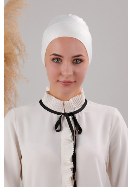 Tesettür Geçmeli Bağcıklı Viskon Likralı Bone Ekru