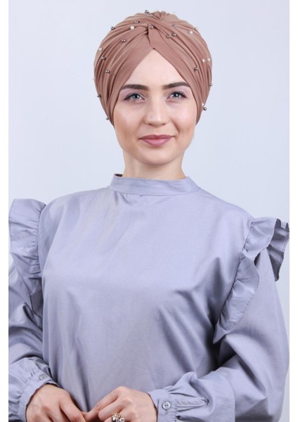 Kadın Tesettür Incili Taşlı Vera Dış Bone Vizon