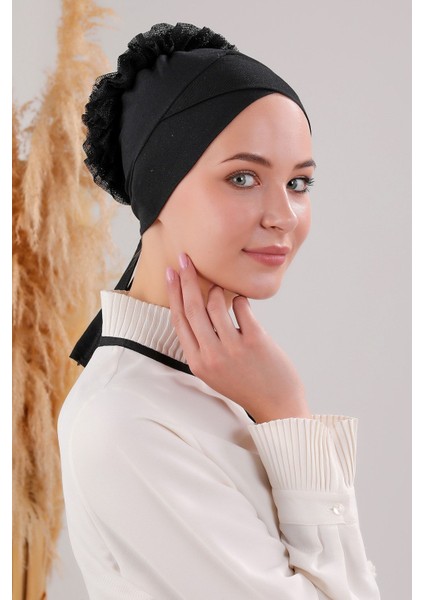 Tesettür Fırfırlı Çapraz Bone Siyah fiyatları
