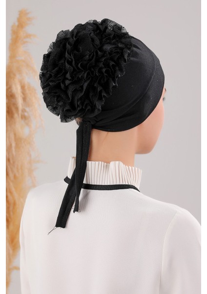 Tesettür Fırfırlı Çapraz Bone Siyah modelleri