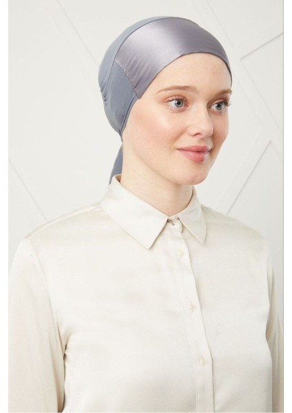 Kadın Tesettür Bağlamalı Saten Bone Koyu Gri