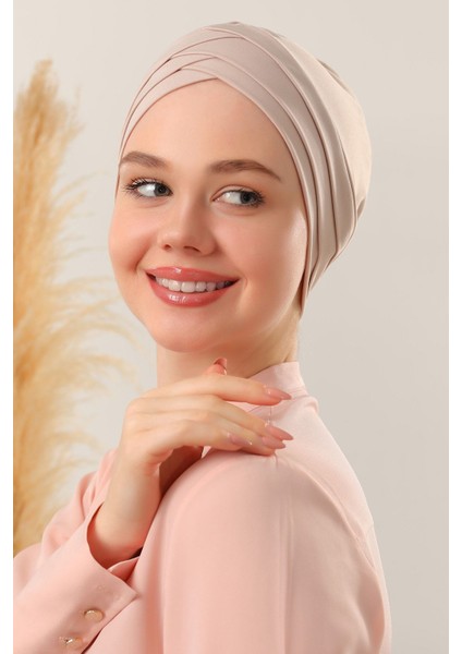 Kadın Üç Bantlı Çapraz Hazır Türban Dış Bone Taş Rengi