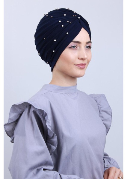 Kadın Tesettür Incili Taşlı Vera Dış Bone Lacivert