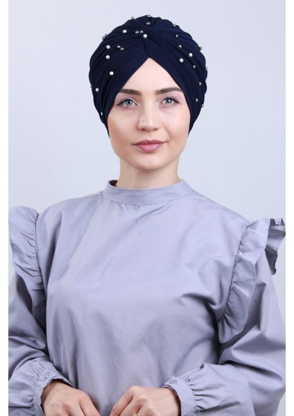 Kadın Tesettür Incili Taşlı Vera Dış Bone Lacivert modelleri