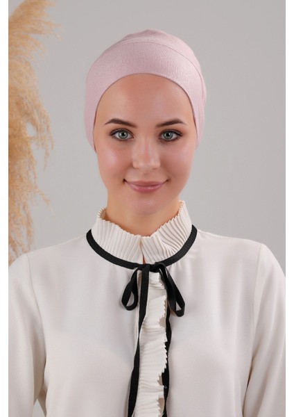 Tesettür Geçmeli Bağcıklı Viskon Likralı Dikişsiz Bone Pudra