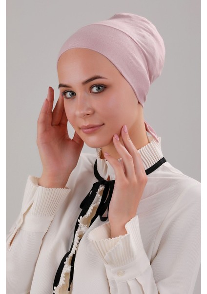 Tesettür Geçmeli Bağcıklı Viskon Likralı Dikişsiz Bone Pudra fiyatları