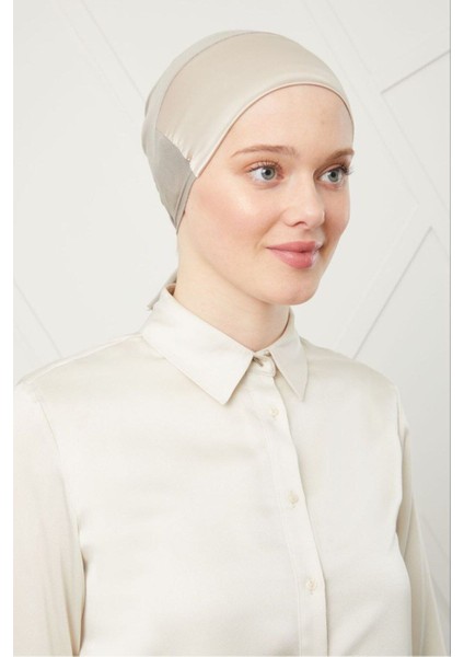 Kadın Tesettür Bağlamalı Saten Bone Taş Rengi