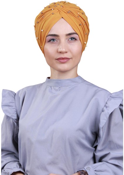 Kadın Tesettür Incili Taşlı Vera Dış Bone Taba Rengi