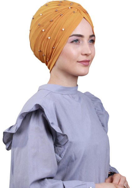 Kadın Tesettür Incili Taşlı Vera Dış Bone Taba Rengi fiyatları