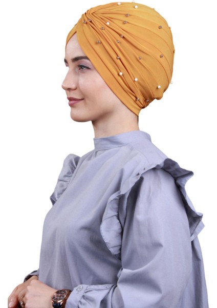 Kadın Tesettür Incili Taşlı Vera Dış Bone Taba Rengi modelleri