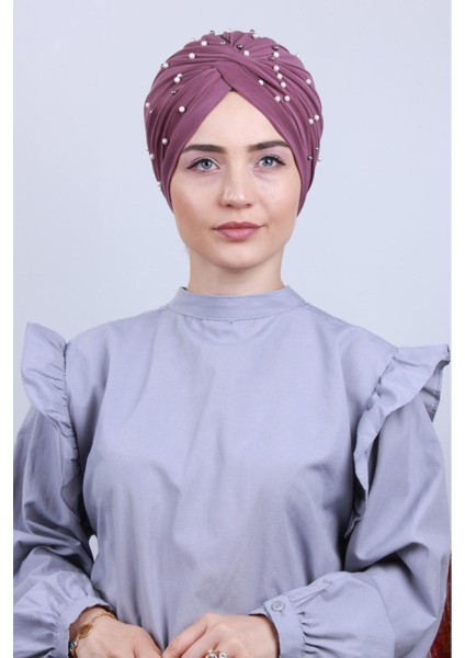 Kadın Tesettür Incili Taşlı Vera Dış Bone Lila modelleri