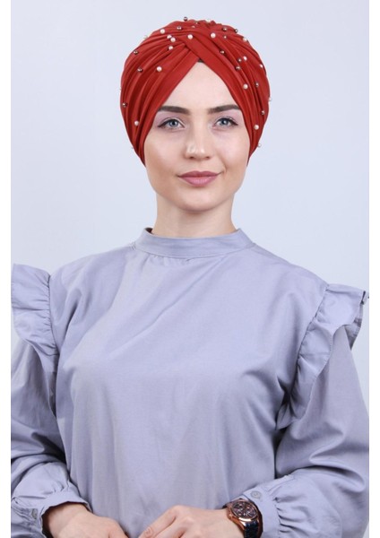 Kadın Tesettür Incili Taşlı Vera Dış Bone Kırmızı