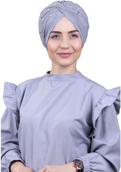 Kadın Tesettür Incili Taşlı Vera Dış Bone Açık Gri