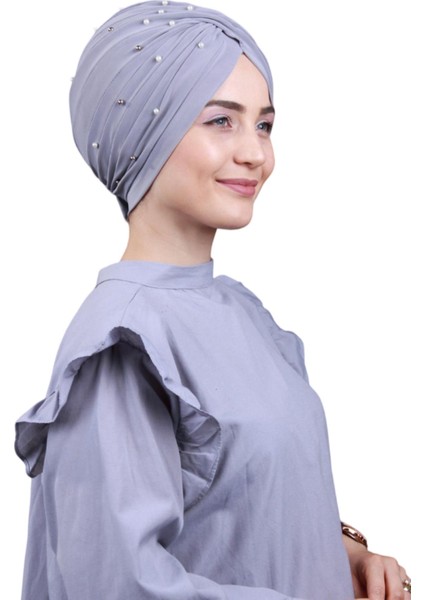 Kadın Tesettür Incili Taşlı Vera Dış Bone Açık Gri fiyatları
