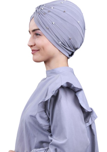 Kadın Tesettür Incili Taşlı Vera Dış Bone Açık Gri modelleri