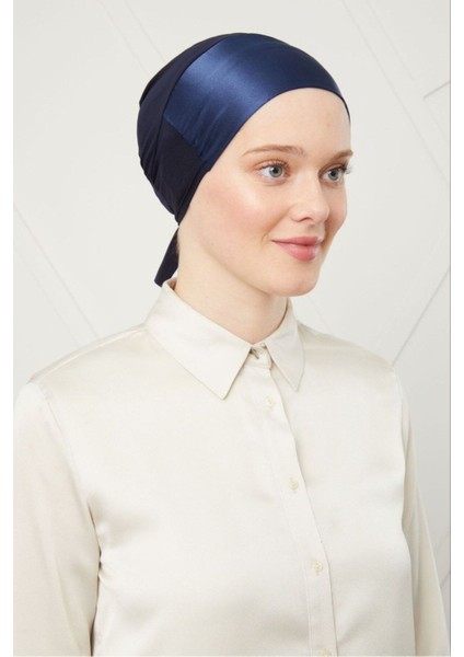 Kadın Tesettür Bağlamalı Saten Bone Lacivert