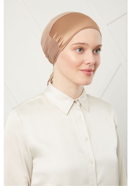 Kadın Tesettür Bağlamalı Saten Bone Taba Rengi