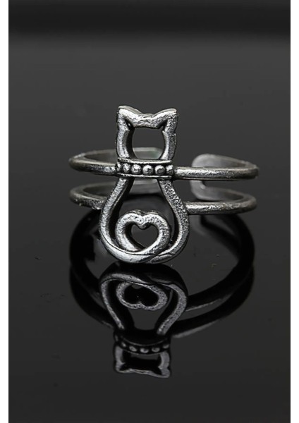 Kedi Ayarlanabilir Alyans Yüzük Antik Oksit Gümüş Kaplama Yüzük