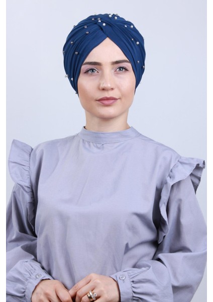 Kadın Tesettür Incili Taşlı Vera Dış Bone Mavi