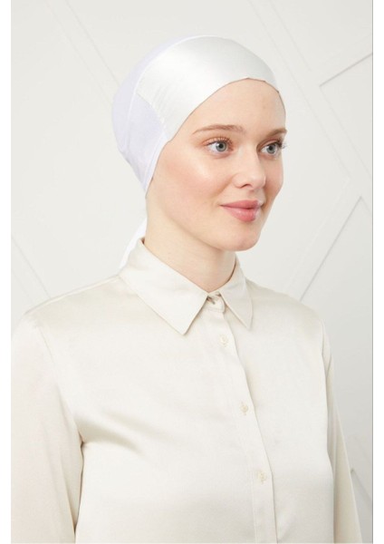 Kadın Tesettür Bağlamalı Saten Bone Ekru