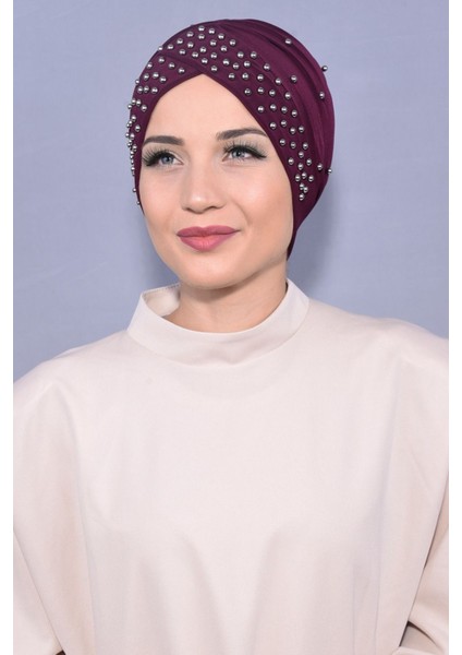 Kadın Tesettür Incili Taşlı Havuz Dış Bone Mor