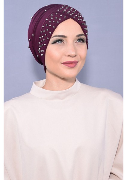 Kadın Tesettür Incili Taşlı Havuz Dış Bone Mor fiyatları