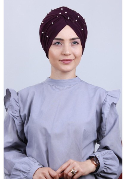 Kadın Tesettür Incili Taşlı Vera Dış Bone Mor modelleri