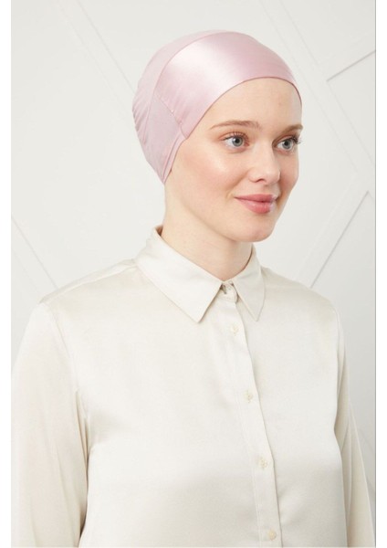 Kadın Tesettür Bağlamalı Saten Bone Pudra