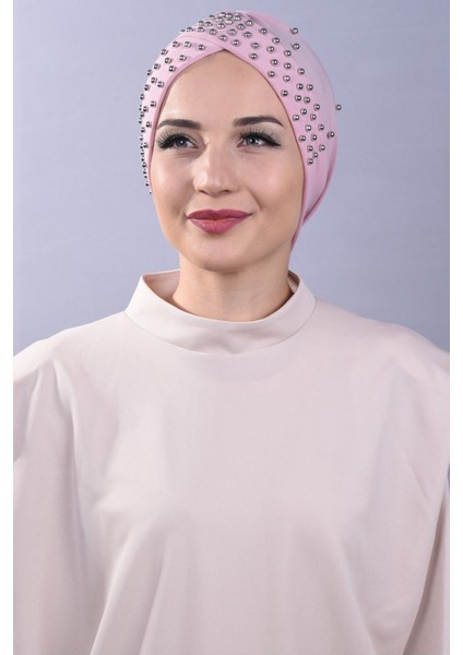 Kadın Tesettür Incili Taşlı Havuz Dış Bone Pudra