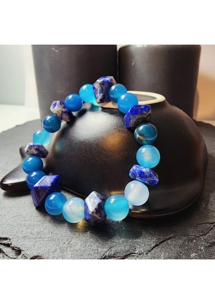 Lapis Lazuli ve Parlak Mavi Akik Orjinal Doğal Taş Kadın ve Erkek Bileklik / Hafıza, İfade Becerisi, Odaklanma ve Kilo Kontrolü Bilekliği