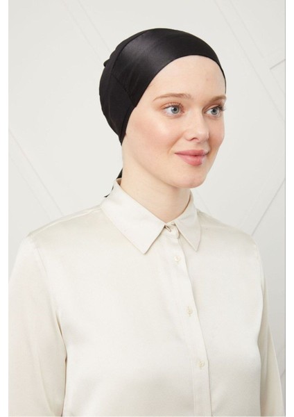 Kadın Tesettür Bağlamalı Saten Bone Siyah