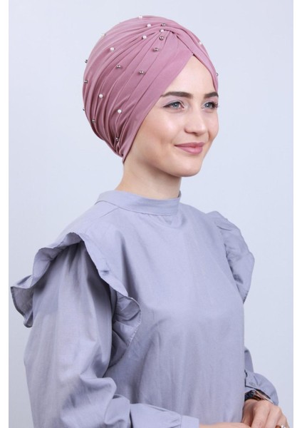 Kadın Tesettür Incili Taşlı Vera Dış Bone Pudra