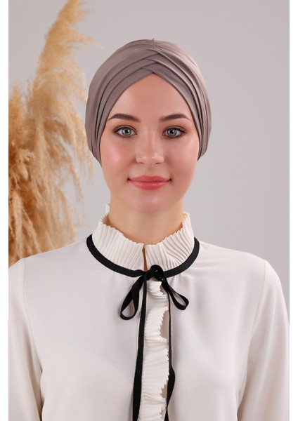 Kadın Üç Bantlı Çapraz Hazır Türban Dış Bone Vizon