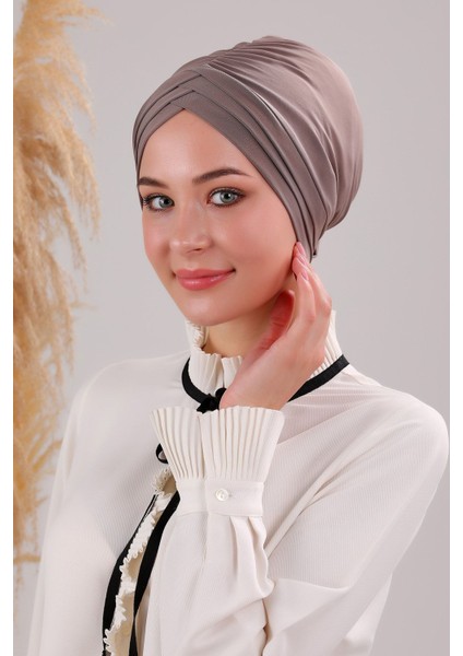 Kadın Üç Bantlı Çapraz Hazır Türban Dış Bone Vizon fiyatları