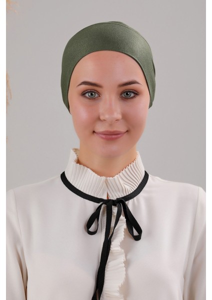 Tesettür Geçmeli Bağcıklı Viskon Likralı Bone Haki