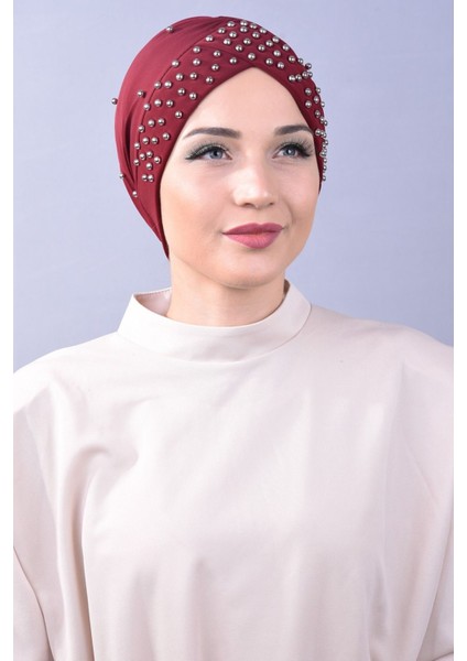 Kadın Tesettür Incili Taşlı Havuz Dış Bone Bordo