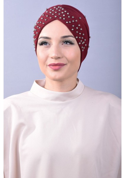 Kadın Tesettür Incili Taşlı Havuz Dış Bone Bordo fiyatları