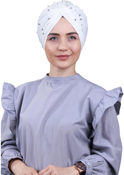 Kadın Tesettür Incili Taşlı Vera Dış Bone Ekru
