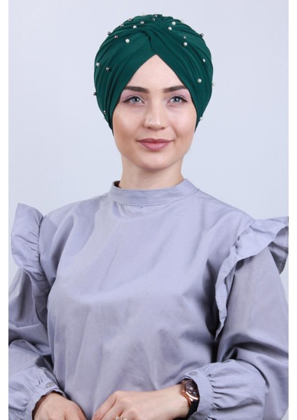 Kadın Tesettür Incili Taşlı Vera Dış Bone Zümrüt Yeşili