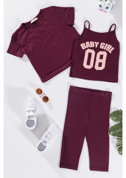 3'lü Baby Girl Baskılı Tshirt Atlet Tayt Bordo Takım