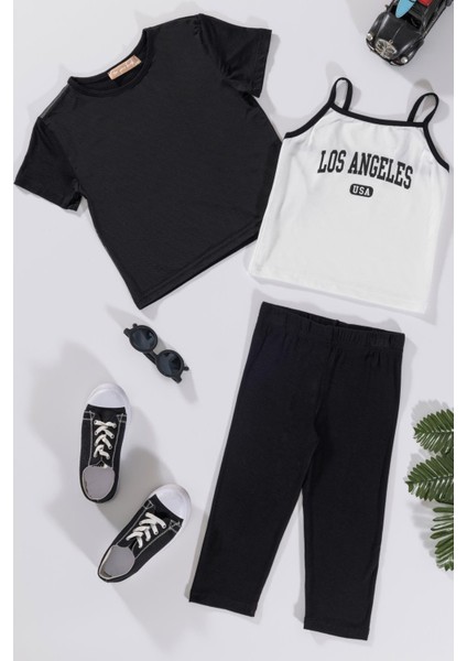 3'lü Los Angeles Baskılı Tshirt Atlet Tayt Siyah Takım